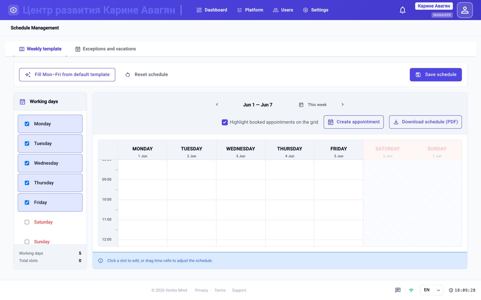 Visual weekly schedule templates per specialist