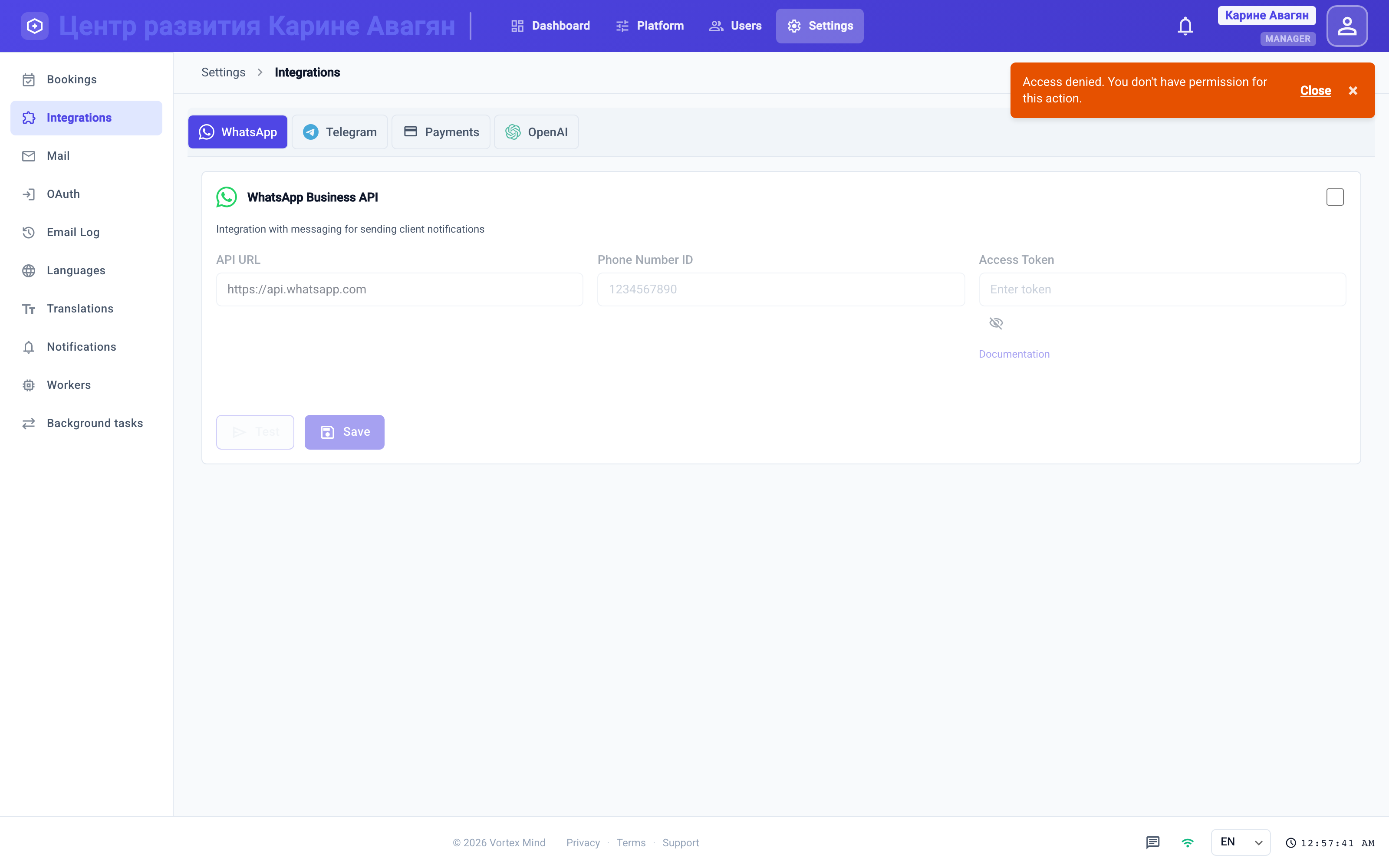 Channel integrations — connect Telegram & WhatsApp Business