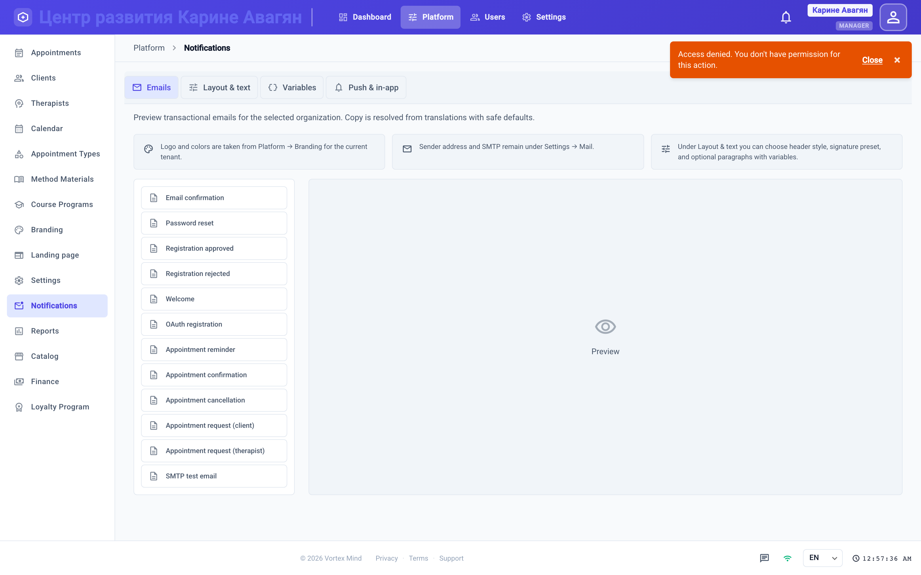 Notification templates across email, push, Telegram & WhatsApp