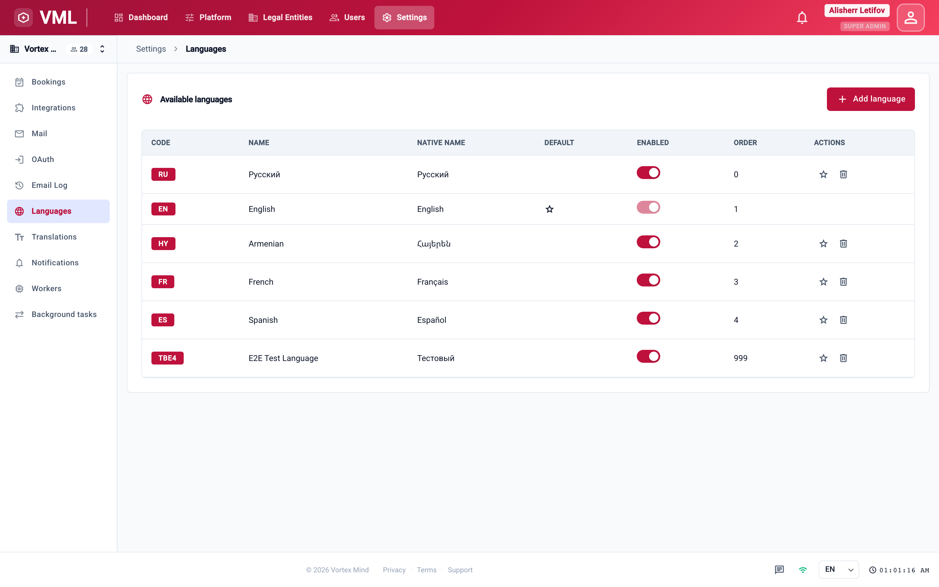 Languages — enable the locales you serve
