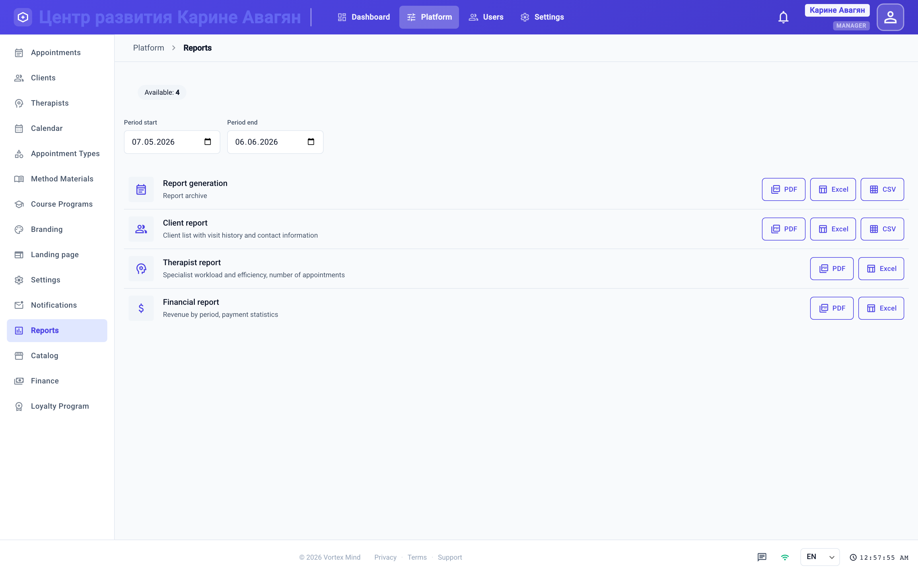 Reports — revenue, clients & specialists, exported to PDF / Excel / CSV