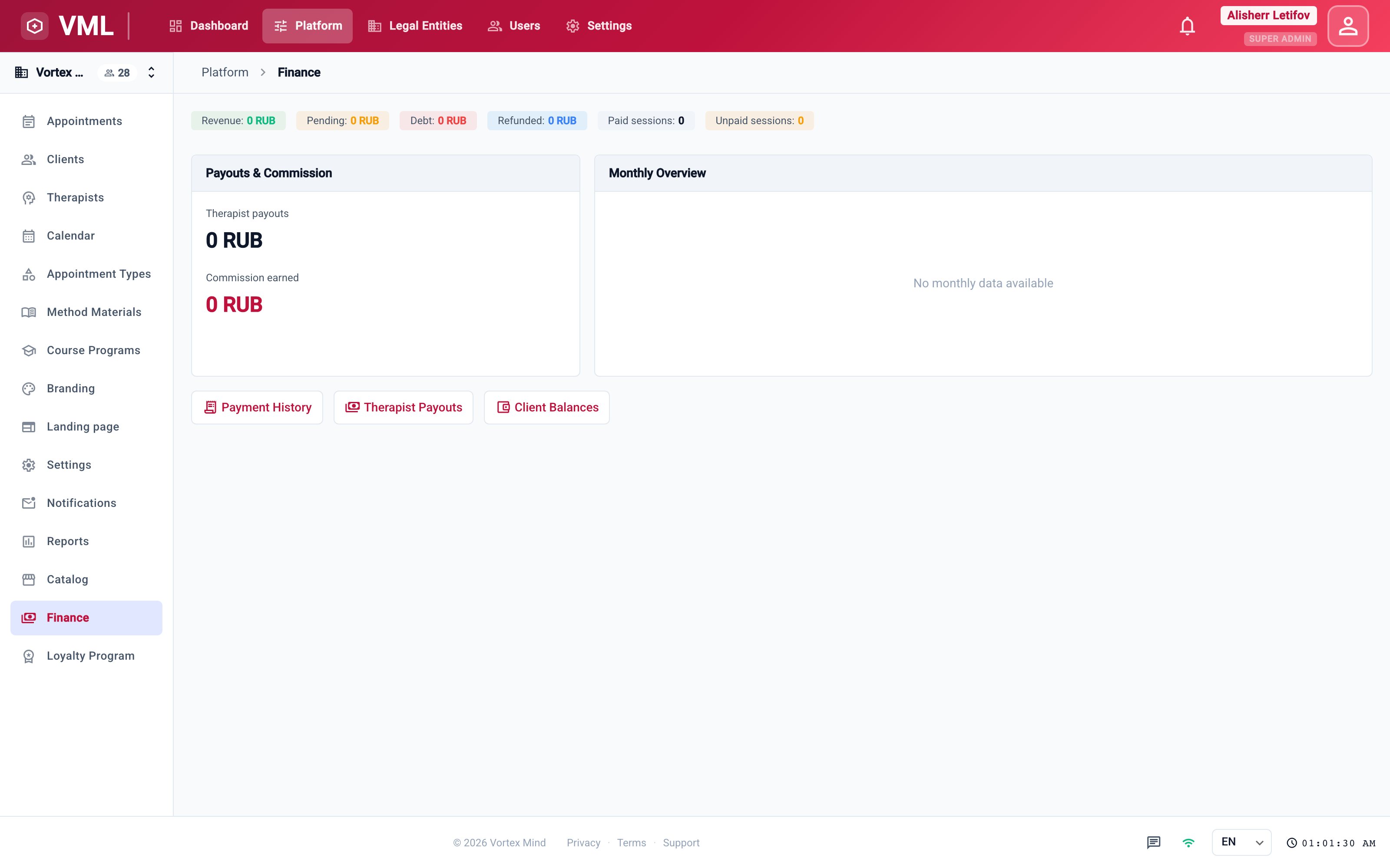 Cross-tenant finance overview for the platform operator