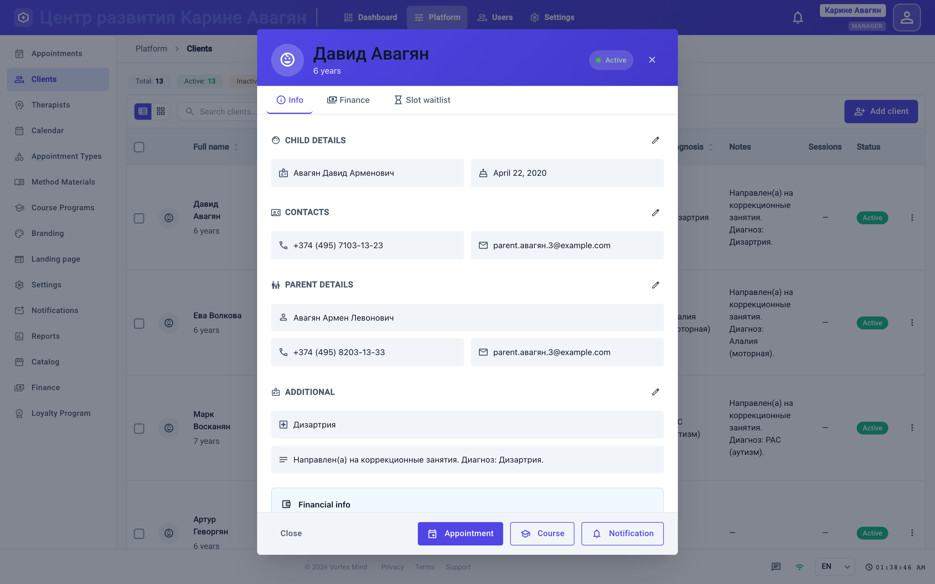A client card — sessions, payments, homework and diagnoses in one place