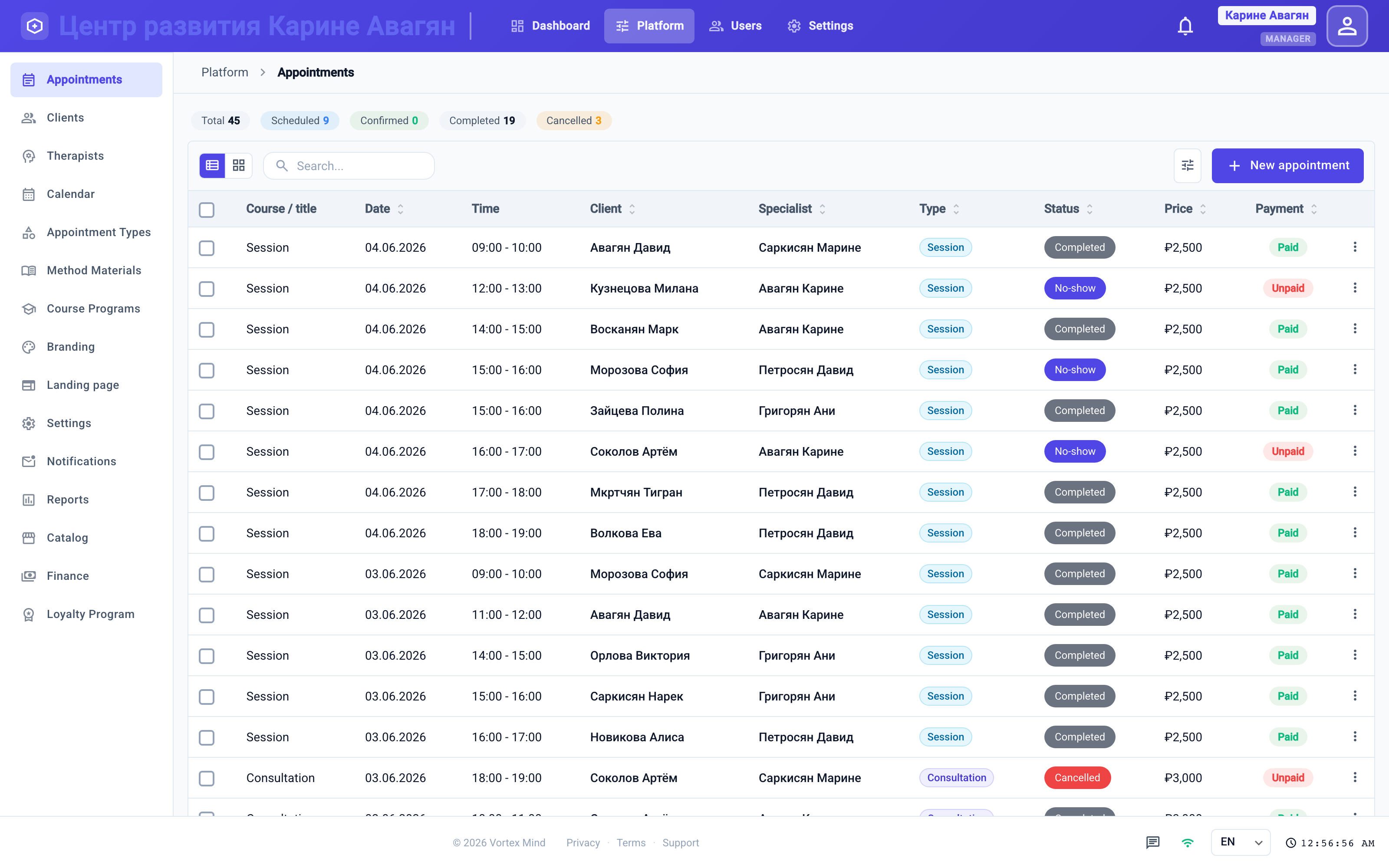 Appointment ledger — every booking with status, price & payment