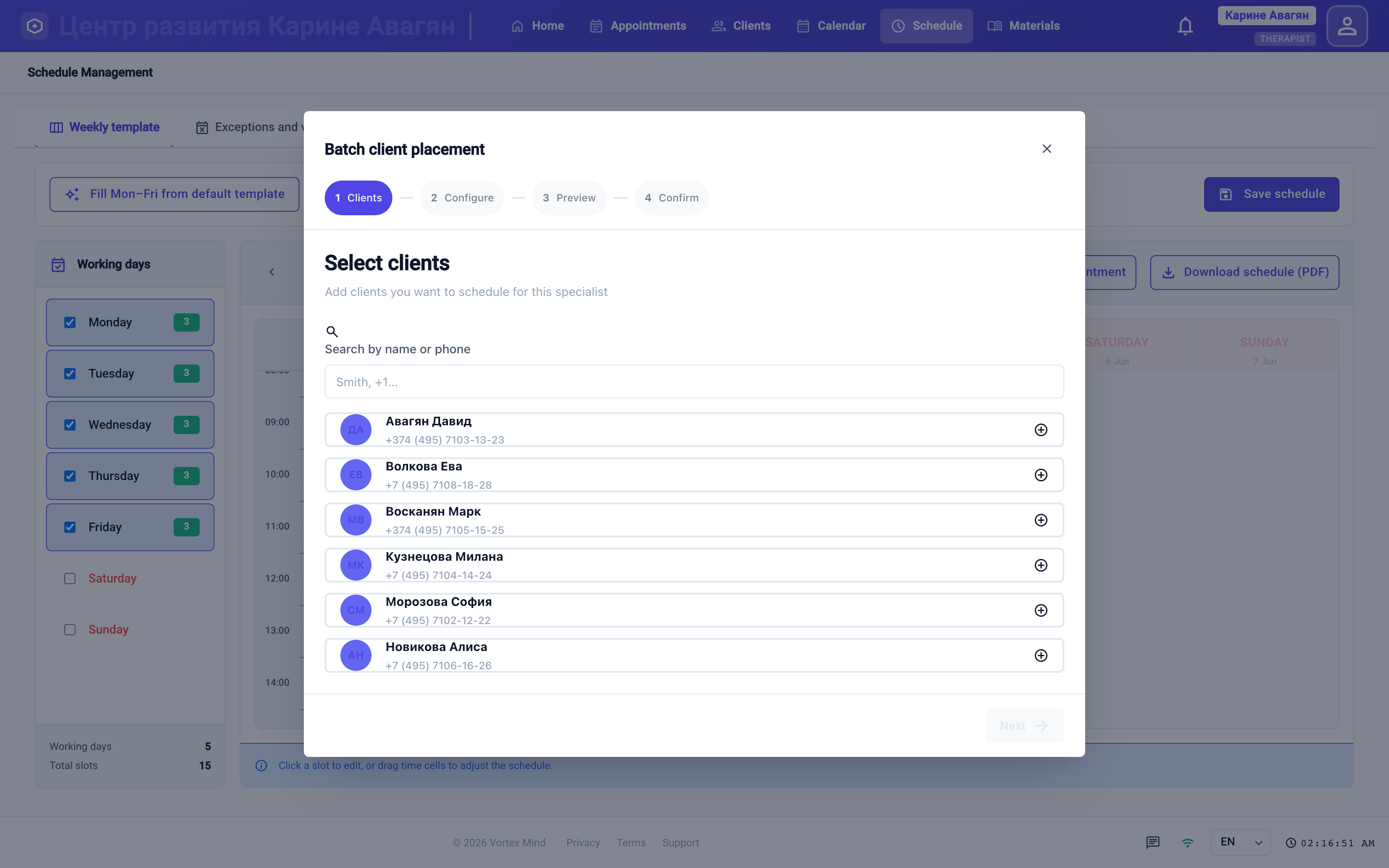 A specialist batch-schedules clients onto their calendar
