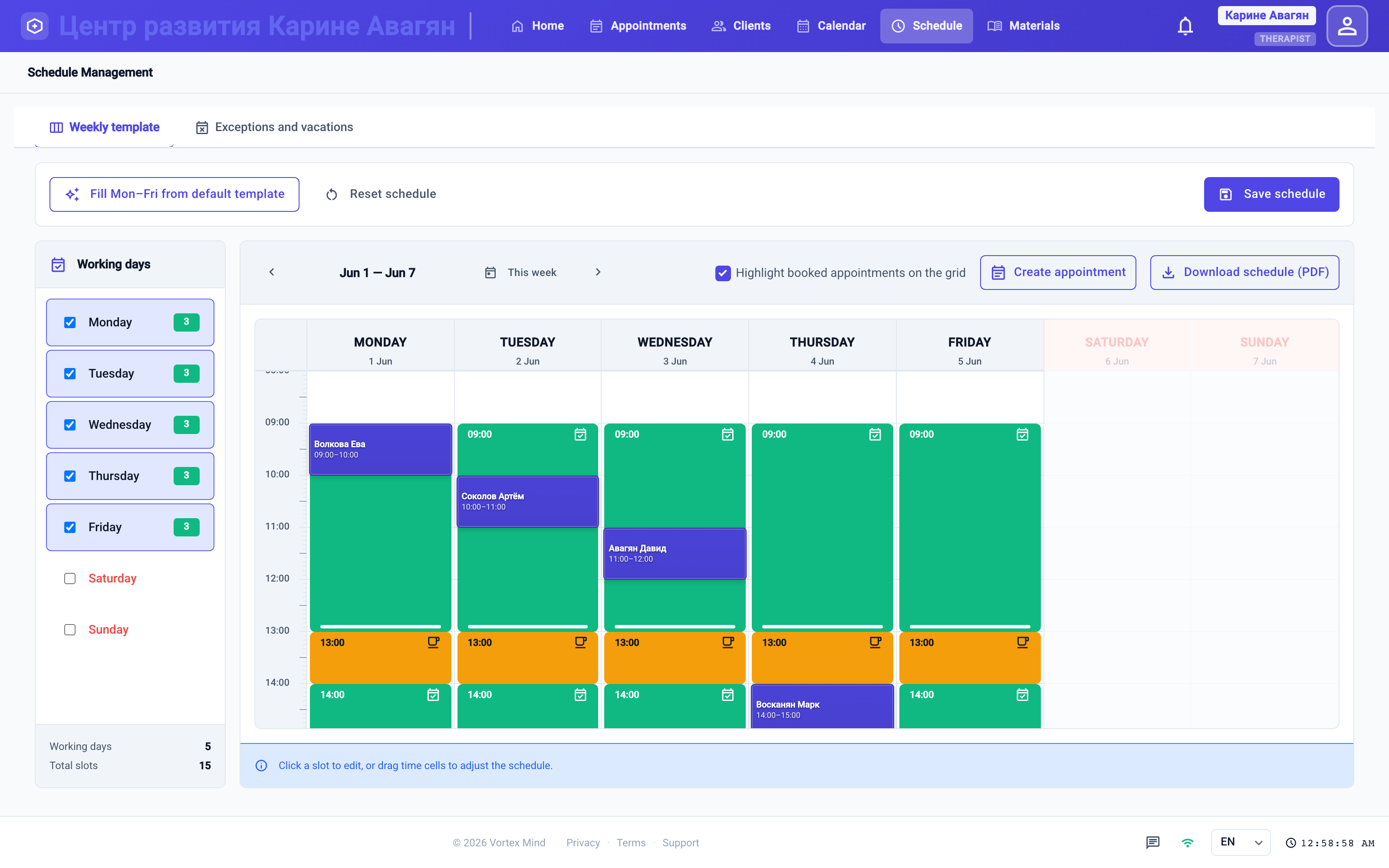 Specialists manage their availability and day-off blocks